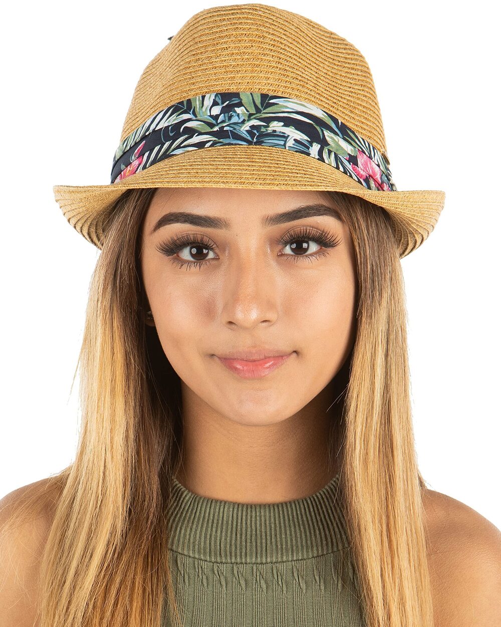 3415 Woven Fedora Sun Hat: Natural w/Floral Band